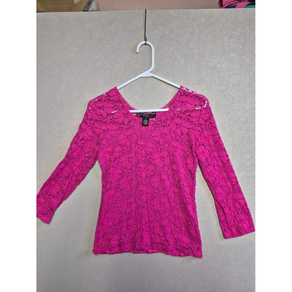 Peck & Peck Hot Pink Floral Lace Scoop Neck 3/4 Sleeve Top Womens Size M